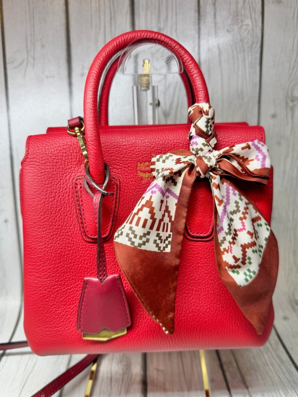 PRE LOVED MCM Grained Calfskin Mini Milla Tote in Burgundy